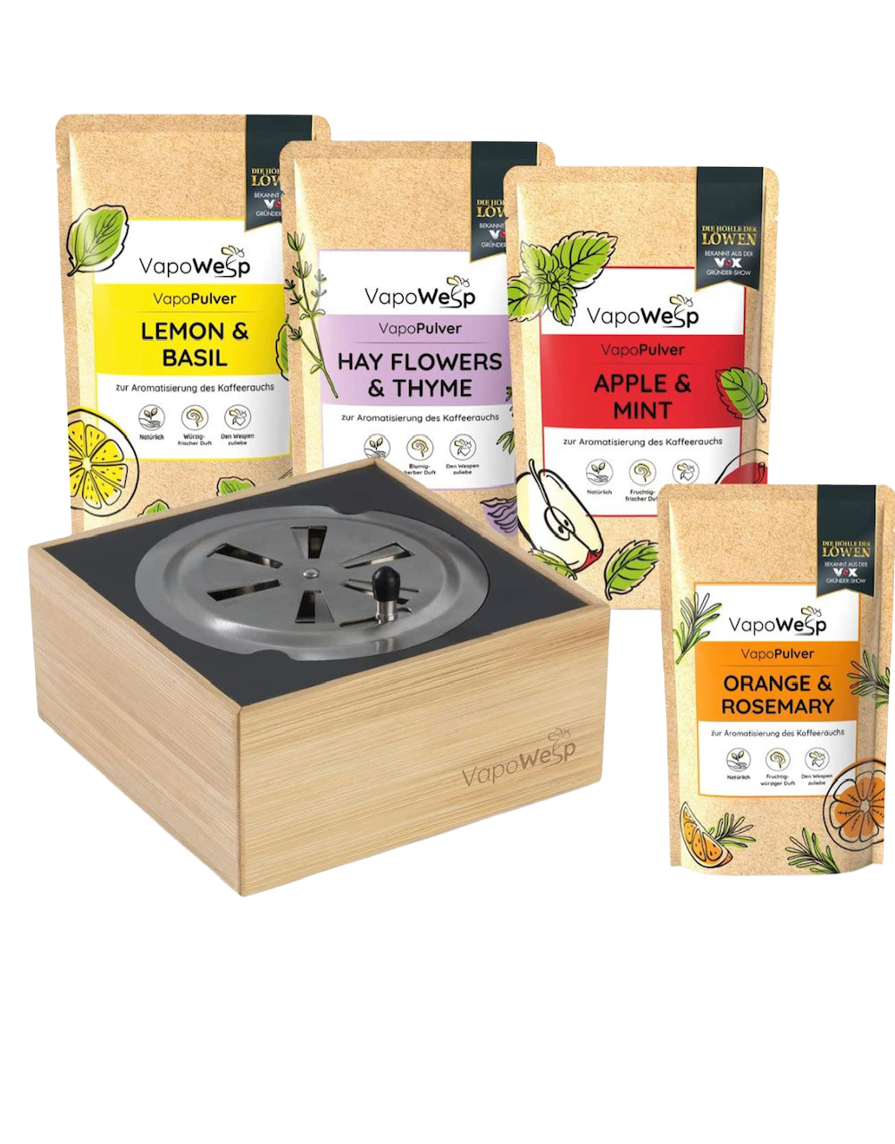 Spar-Set XXL: VapoWesp Räucherbox + 4 x VapoPulver 100g, 1 x VapoPulver 50g